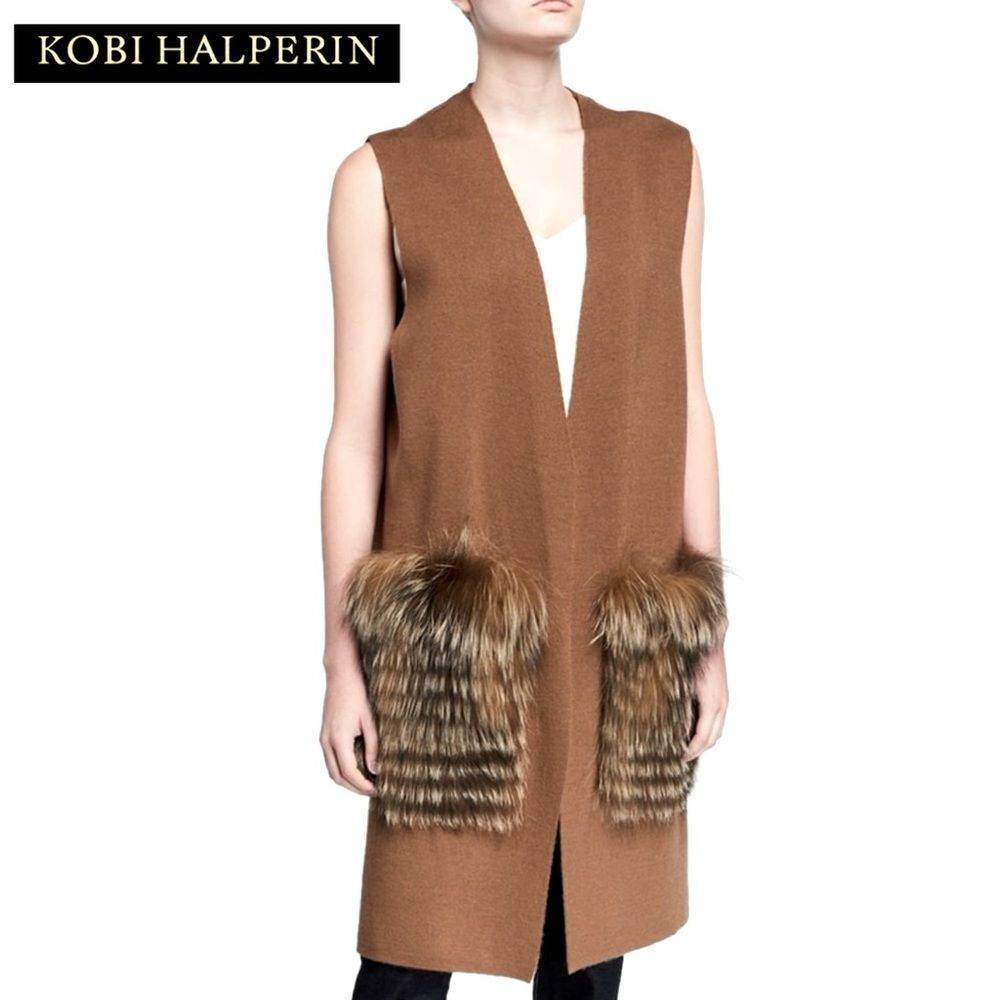 Kobi Halperin Hailee Roanne Faux Fur Trim Longline Sleeveless Cardigan Vest S